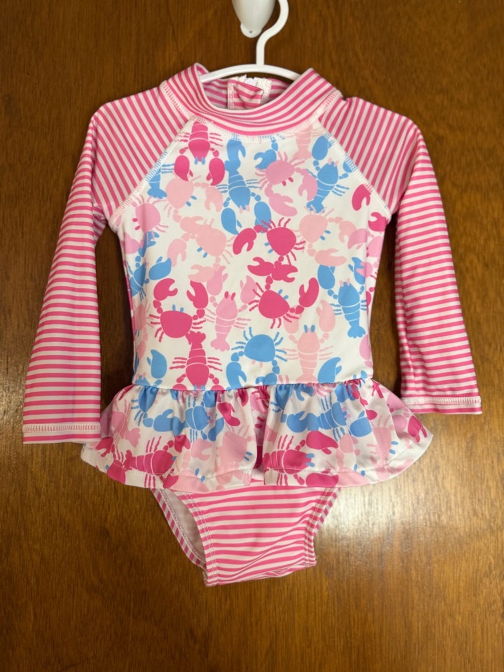 Flap Happy Pink and Blue Crab Ruffle Long-Sleeve One-Piece Swim Suit